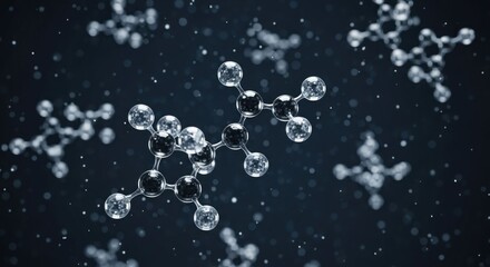 Molecular structures floating in a dark, ethereal space with reflective spheres