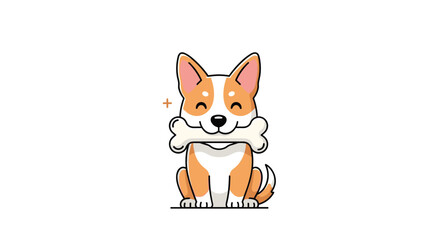 Obraz premium Adorable cartoon corgi dog is sitting and holding a large white bone in its mouth with a happy smile and bright eyes.
