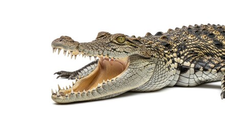 Open-mouthed reptile with visible teeth against a stark white background