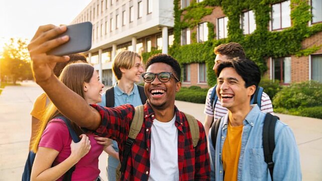 Happy diverse group of college students taking selfie outdoors campus, smiling friends joyful golden hour warmth and sunset energy