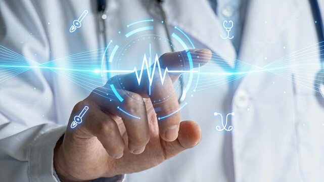 Doctor touching virtual heartbeat interface with stethoscope and futuristic cardiology medical technology shield healthcare