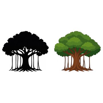 Banyan tree illustration icon, in silhouette and flat design versions