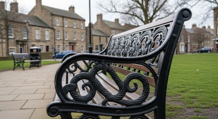 Ornate bench details with a blurred backdrop of quaint, old buildings