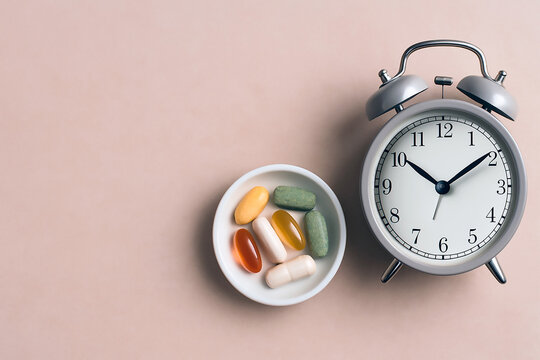 Silver alarm clock and a small dish of colorful vitamins pills sit on a muted pink surface, symbolizing the importance of timed medication or supplements
