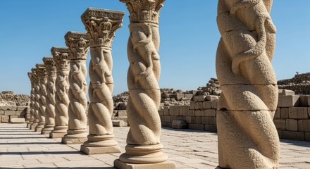 Row of ornate, fluted stone columns with twisted design, historic setting