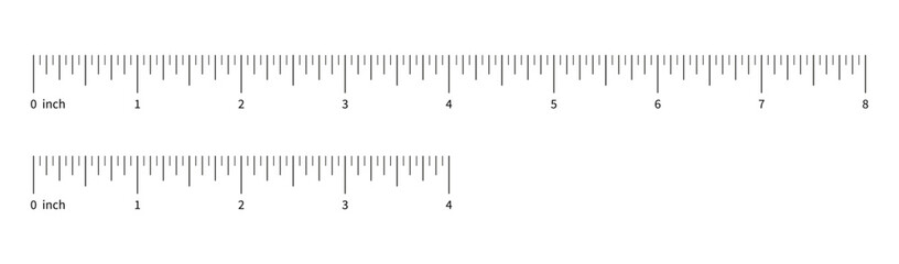 Measuring chart, ruler scale with 4 and 8 inches set. Length measurement distance, height, math. Sewing tool with four and eight inch template.