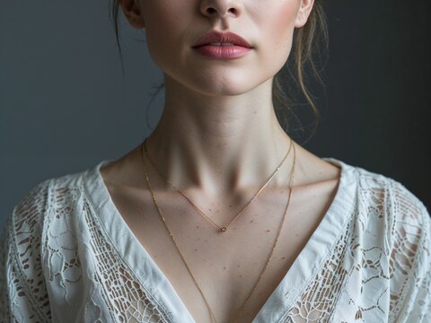 Studio portrait emphasizing neckline symmetry balanced composition close up