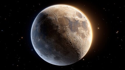 Obraz premium Detailed view of the Moons surface with craters and a bright limb against a starry night sky.