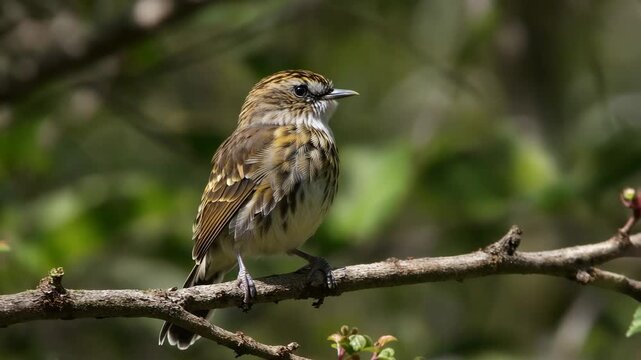 Small songbird perched on a textured branch with soft green bokeh background detailed feathers intricate patterns delicate claws sharp beak observing surroundings natural wildlife scene peaceful