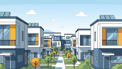 Modern townhouses with solar panels on roofs in eco-friendly suburban neighborhood