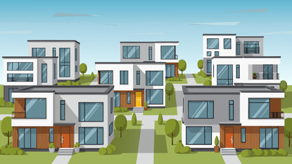 Modern suburban homes with sleek architecture and greenery