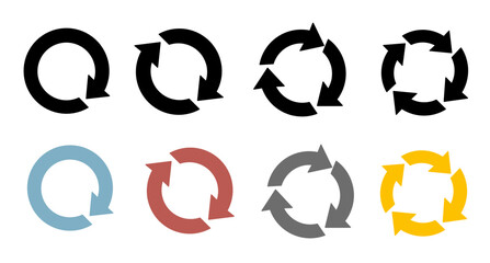Set of circular arrows icons in various colors and stages representing refresh, reload, rotation, recycling, and continuous process loops