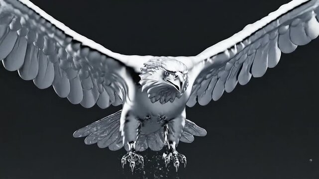 A majestic white eagle in mid-flight, wings outstretched, soaring through the dark sky, captured from a dramatic low-angle viewpoint in a dynamic video scene like (781).mp4
