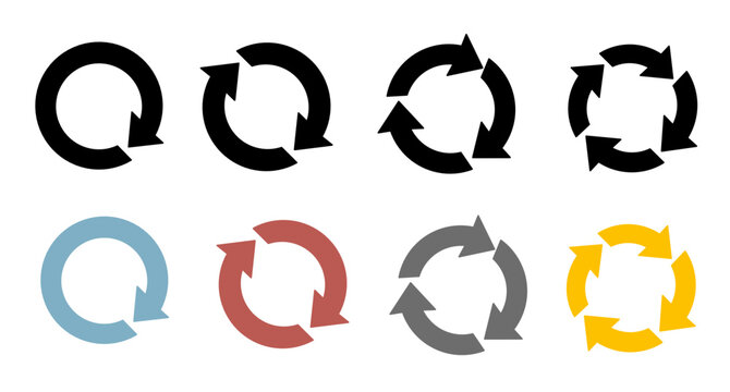 Set of circular arrows icons in various colors and stages representing refresh, reload, rotation, recycling, and continuous process loops