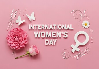 International Women's Day celebration with pink flowers and symbols