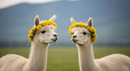 Obraz premium Two adorable white llamas with flower crowns in a field, mountains in background