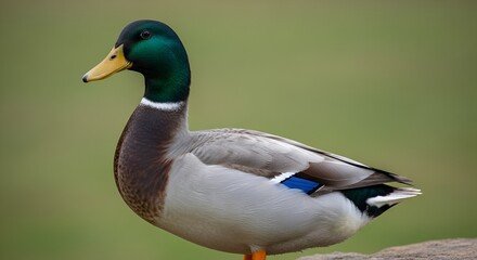 Obraz premium Majestic Mallard Duck with Iridescent Green Head and Brown Body Standing Proudly on a Rocky Shoreline