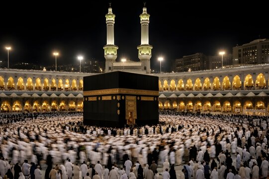 Holy Kaaba at Night Framed by Minarets in Masjid al-Haram Makkah