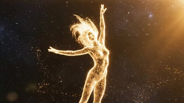 Golden Dancer Twirling in Space with Stars and Cosmic Dust around her