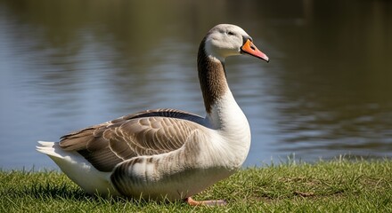 Obraz premium A tranquil goose rests peacefully on the vibrant green grass by the serene water's edge, embodying a sense of calm wildlife in its natural habitat