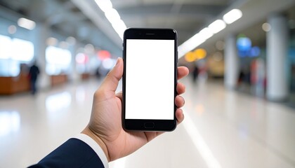 Hand holding smartphone with blank screen.