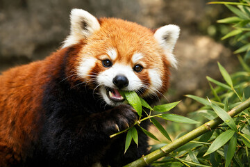 Red Panda Eating Green Bamboo Leaves in Natural Wildlife Habitat