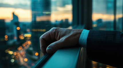 Businessman hand city sunset skyline office window urban night bokeh light contemplative mood