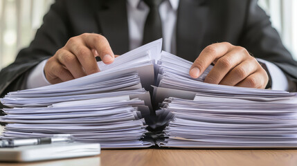 Businessman document paperwork office hand corporate stress fills busy workplace desk