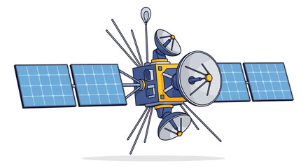 Satellite orbiting the Earth with solar panels and antennas deployed in space
