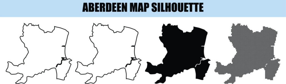 Aberdeen map silhouette vector collection with solid black and outline versions for scottish city geography information