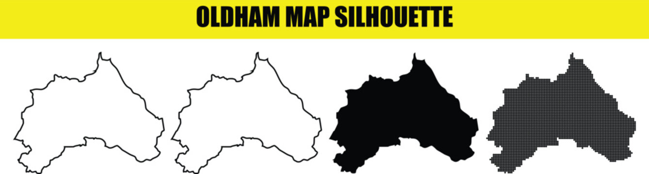 Oldham map silhouette set with multiple styles including outline solid black and halftone dot patterns for infographics
