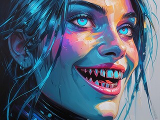 Futuristic angled cyan eyes metallic hair neon smile distorted teeth Acrylic Painting