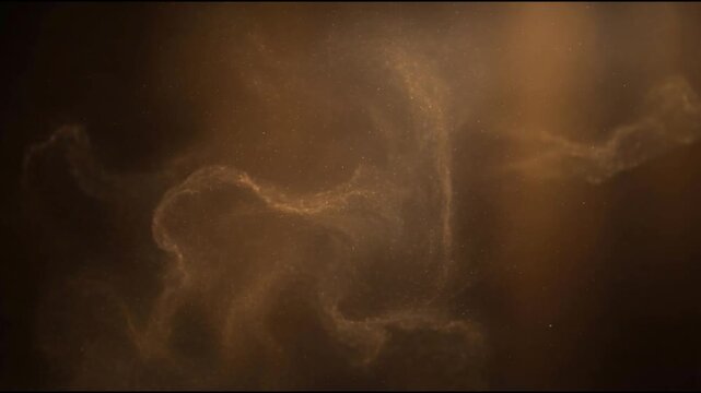 Golden dust particles suspended in a deep bronze to dark amber haze with soft drifting wisps subtle glow and a calm mystical abstract cinematic atmosphere
