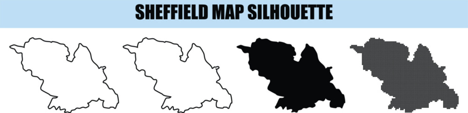 Sheffield map silhouette variations providing different visual aesthetics from simple line art to complex dot structures