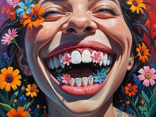 Exaggerated grin with flowers blooming from teeth symbolizing joy emerging from struggle Acrylic Painting
