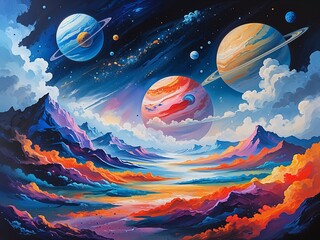Abstract planet landscapes symbolizing emotional worlds Acrylic Painting