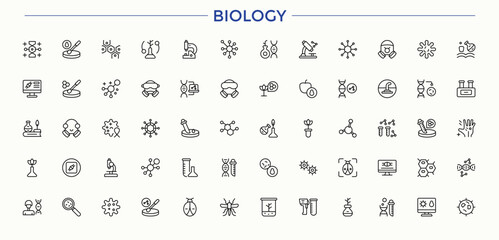 Biology line icon set. Scientific modern icon set. Contains such icons as experiment, research, technology, lab, chemical, scientific and more. Pixel perfect. Editable stroke.