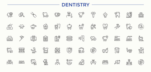 Dentistry vector line icon set. Modern vector illustration. Includes symbols for dental, oral, clinic, hospital, medical, tooth. Vector illustration. Medical vector icon set.
