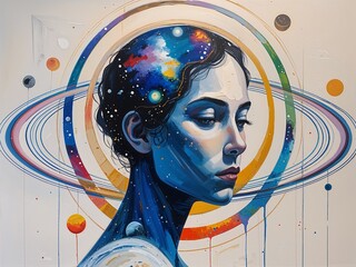 Planetary rings around head representing cycles thoughts and repetition Acrylic Painting