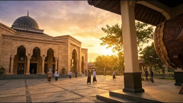 Grand mosque courtyard at sunset with traditional Bedug drum and muslim men walking for prayer