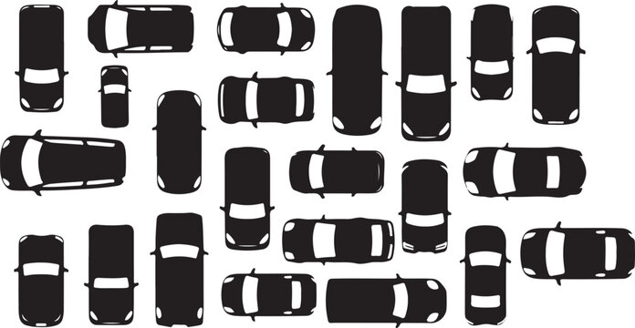 Car Silhouette Set - Top View Vector Icons of Various Vehicles for Traffic and Parking Layouts