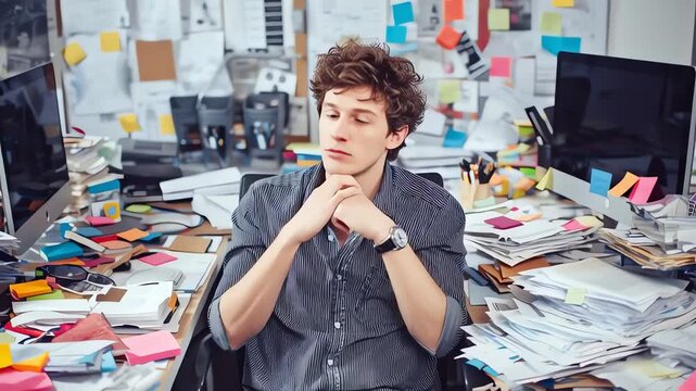 Overwhelmed young man at messy desk.