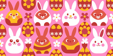 A colorful Easter-themed vector graphic featuring bunnies and eggs on a pink background