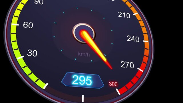 Racing and High Speed Concept. Animated Digital Speedometer Displaying High Speed Values With Glowing Needle And Colorful Dial. 
Automotive Dashboard.
