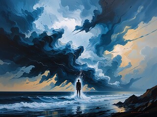 Figure swallowed by abstract storm representing chaos and despair Acrylic Painting