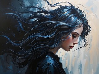 Hair flowing into darkness symbolizing fading identity Acrylic Painting