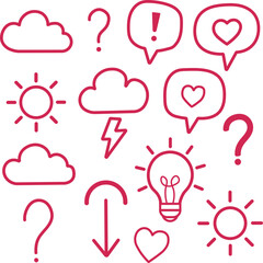 Red Line Icon Set with Weather, Chat Bubbles, Hearts, and Idea Symbols