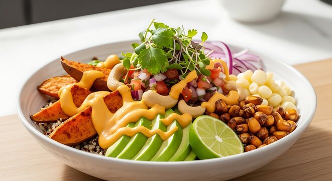 Delicious and nutritious bowl with sweet potato, avocado, and beans