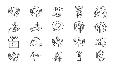 Thin line kindness and care icons for social and charity design