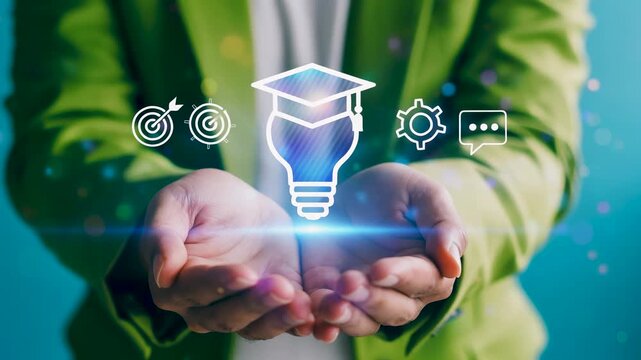Female lecturer hand holding virtual light bulb with graduation cap icon, digital online education technology concept and smart e-learning innovation strategy in blue background.